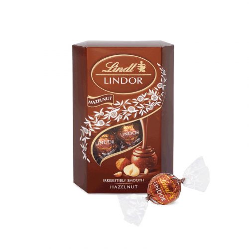 Lindt Lindor Hazelnut tejcsokoládé golyók mogyoródarabokkal, díszdobozban, 200g