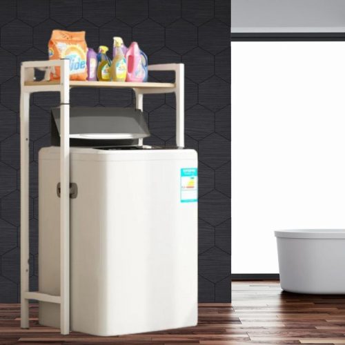 Elite Home® masszív fém fürdőszobai polc felültöltős mosógép fölé fa polccal, fehér - 120 cm