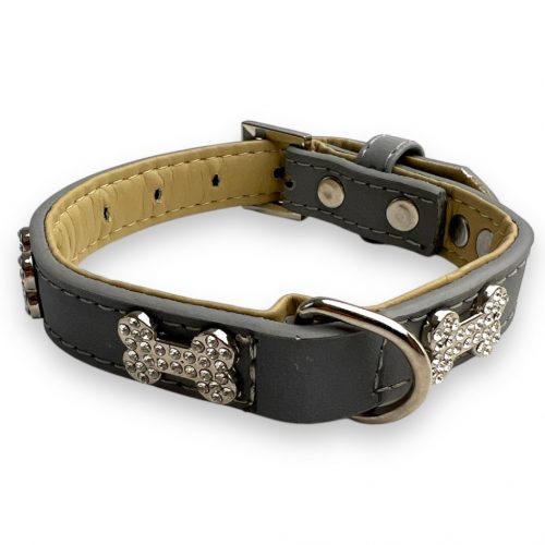 M-PETS Bling nyakörv strasszköves csontokkal S szürke 1,5x22-30cm